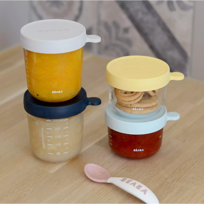 Béaba - Üveg tároló doboz szett 4 db - 150 ml Sárga - 150 ml Világoskék - 250 ml Sötétkék - 250 ml Halvány köd