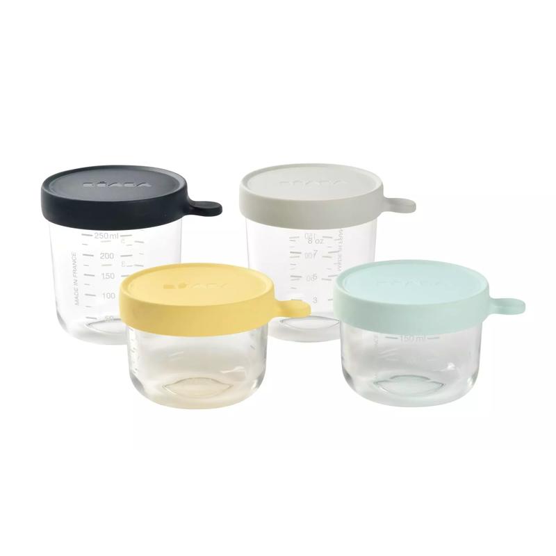 Béaba - Üveg tároló doboz szett 4 db - 150 ml Sárga - 150 ml Világoskék - 250 ml Sötétkék - 250 ml Halvány köd