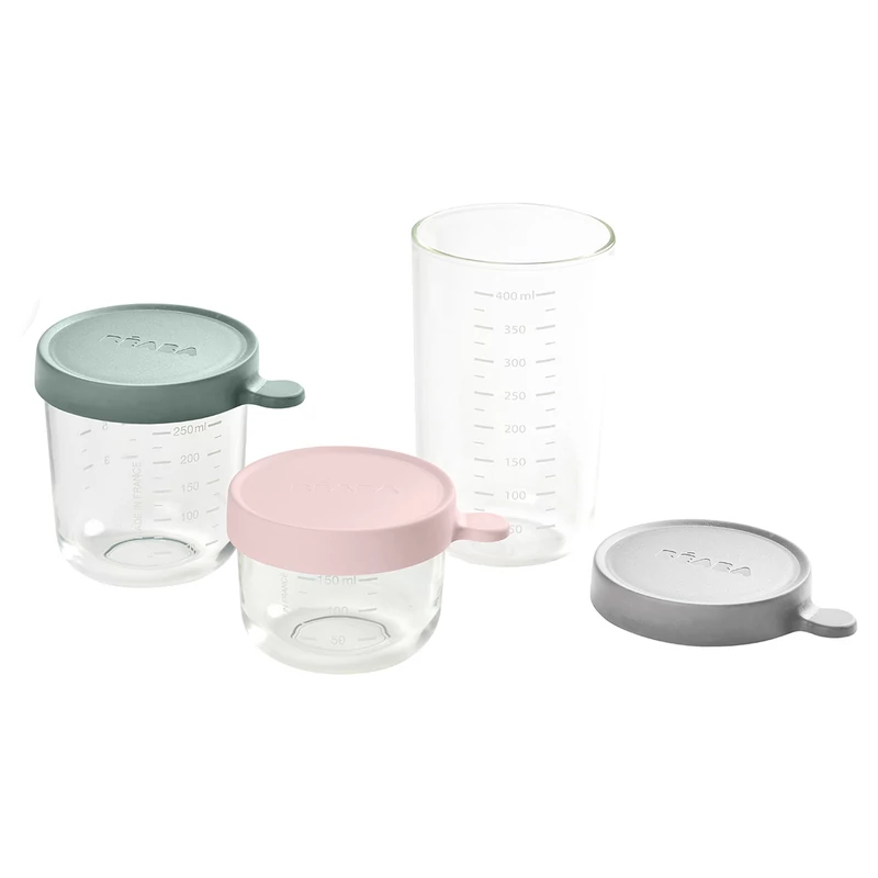 Béaba - Üveg tároló doboz szett 3 db - 150 ml Rózsaszín - 250 ml Eukaliptusz - 400 ml Halvány köd