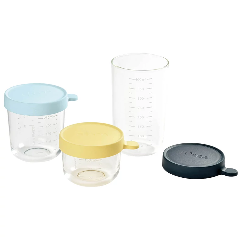 Béaba - Üveg tároló doboz szett 3 db - 150 ml Sárga - 250 ml Világoskék - 400 ml Sötétkék