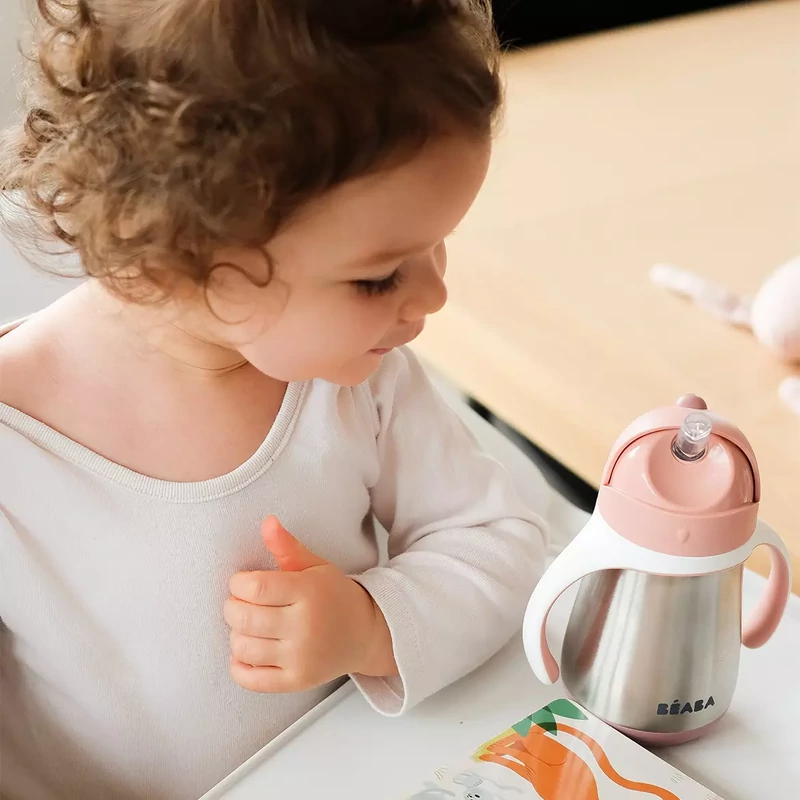 Béaba - Rozsdamentes Acél Szívószálas Ivópohár 250 ml – Rózsaszín