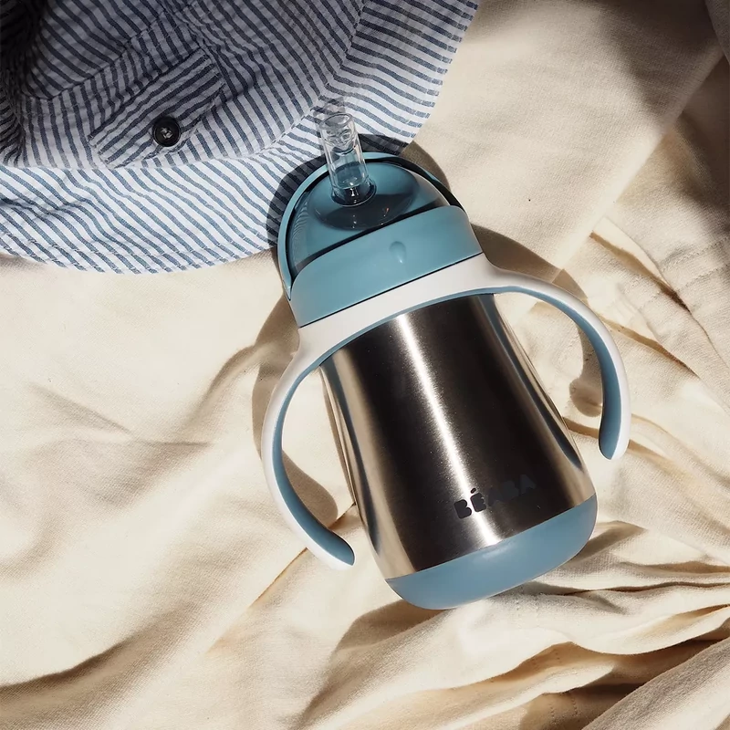 Béaba - Rozsdamentes Acél Szívószálas Ivópohár 250 ml – Viharkék