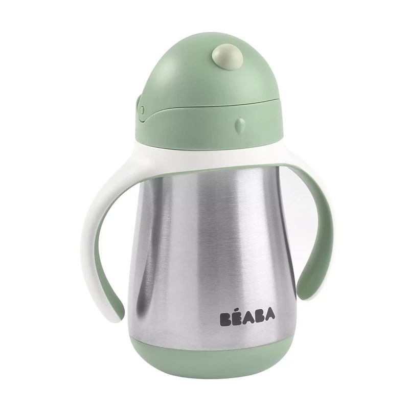 Béaba - Rozsdamentes Acél Szívószálas Ivópohár 250 ml – Zsályazöld