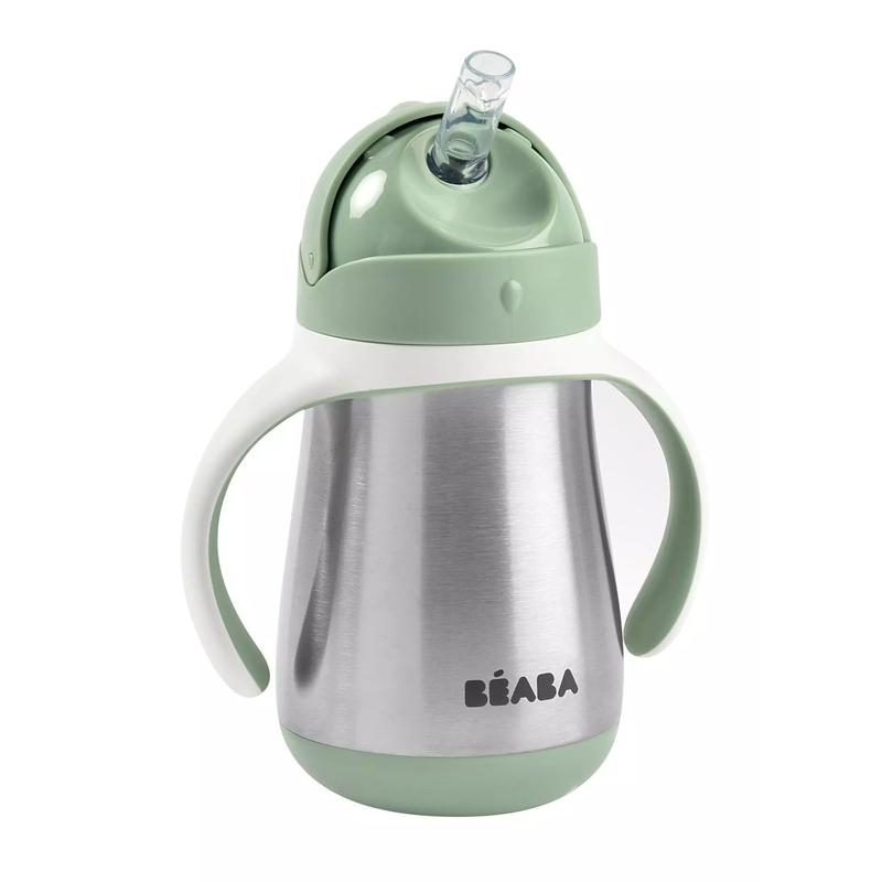 Béaba - Rozsdamentes Acél Szívószálas Ivópohár 250 ml – Zsályazöld