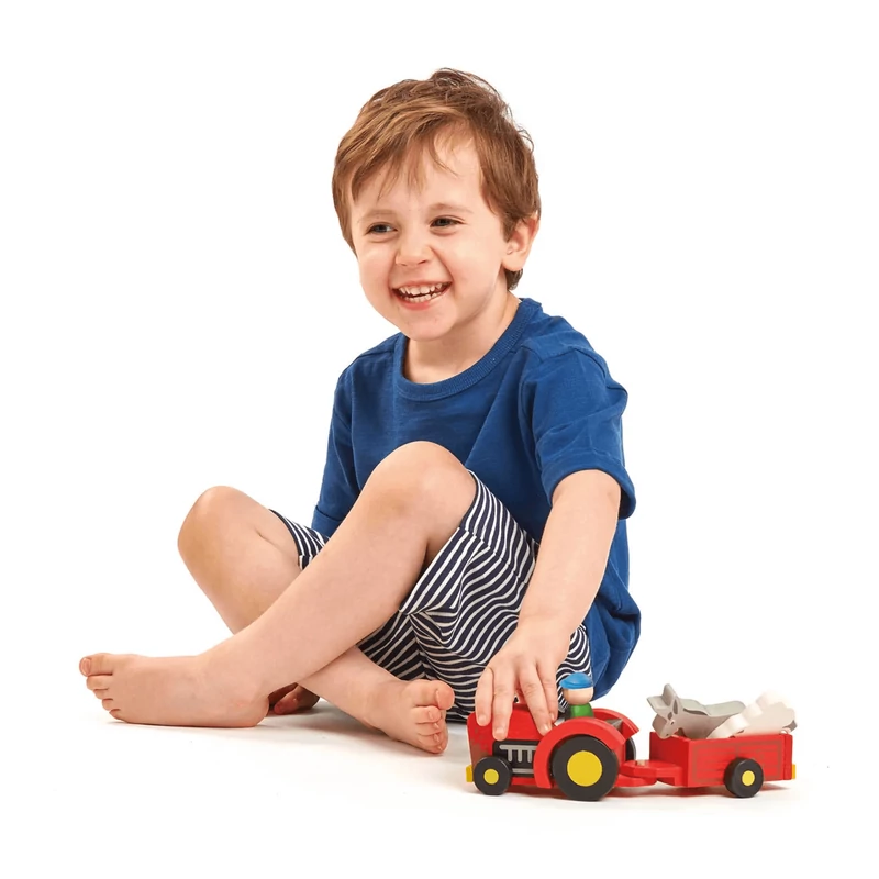 Tender Leaf Toys - Traktoros gazda utánfutóval, szamárral és báránnyal